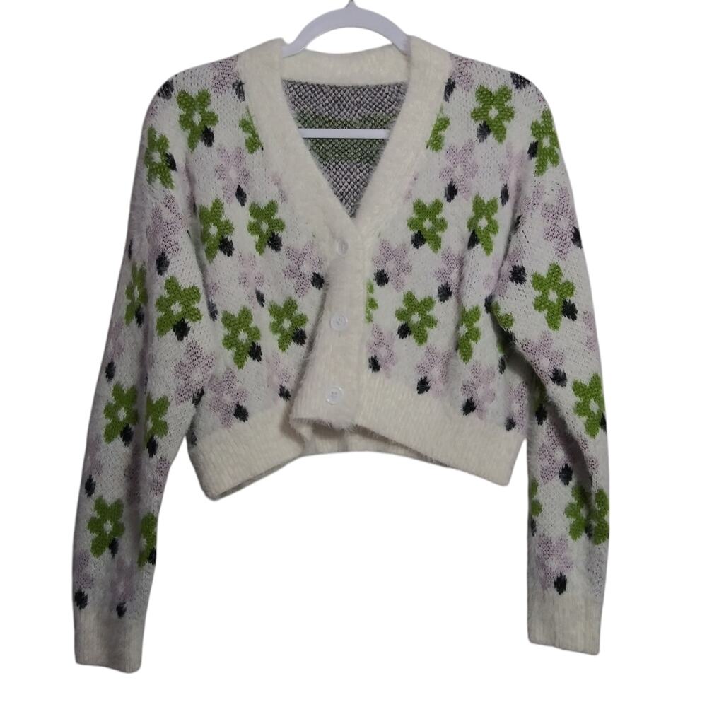 Cream Green Purple Floral Knit Fuzzy Cropped Cardigan Sweater Spring  Size L
